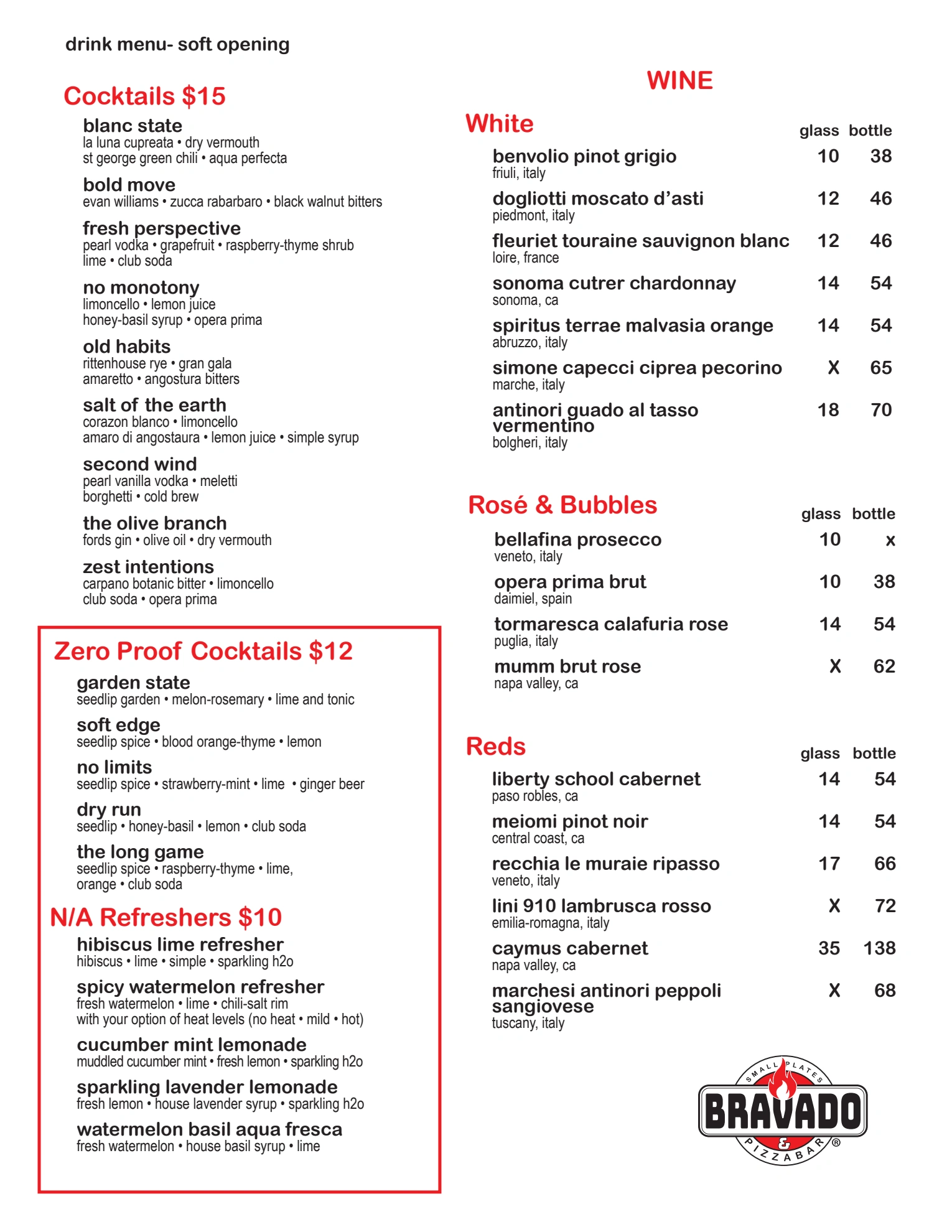 Bravado soft opening beverage menu, page 1. Open the PDF for selectable text and zoom.